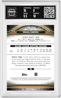 Miguel Cabrera from the 2024 Topps Triple Threads set featuring a Ruby parallel graded by Arena Club and given an overall grade of 8.5.