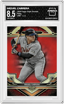 Miguel Cabrera from the 2024 Topps Triple Threads set featuring a Ruby parallel graded by Arena Club and given an overall grade of 8.5.