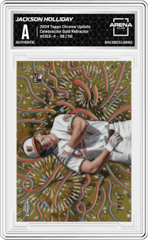 Jackson Holliday from the 2024 Topps Chrome Update set featuring a Gold Refractor parallel graded by Arena Club and given an overall grade of 0.
