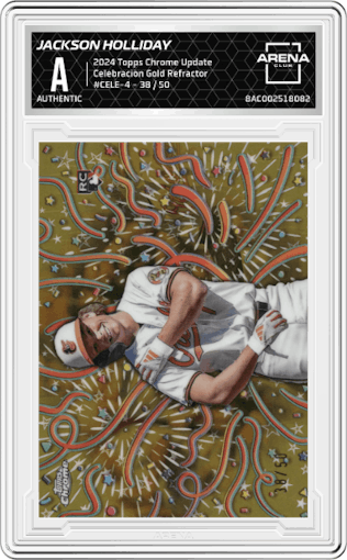Jackson Holliday from the 2024 Topps Chrome Update set featuring a Gold Refractor parallel graded by Arena Club.