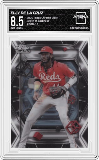 Elly De La Cruz from the 2025 Topps Chrome Black set graded by Arena Club and given an overall grade of 8.5.