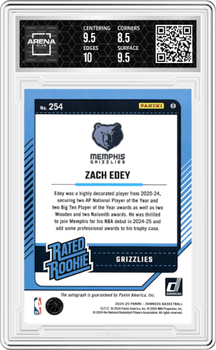 Zach Edey from the 2024-25 Panini Donruss set featuring a Choice parallel graded by Arena Club and given an overall grade of 9.
