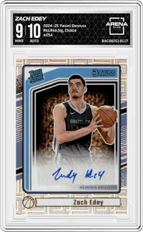 Zach Edey from the 2024-25 Panini Donruss set featuring a Choice parallel graded by Arena Club and given an overall grade of 9.