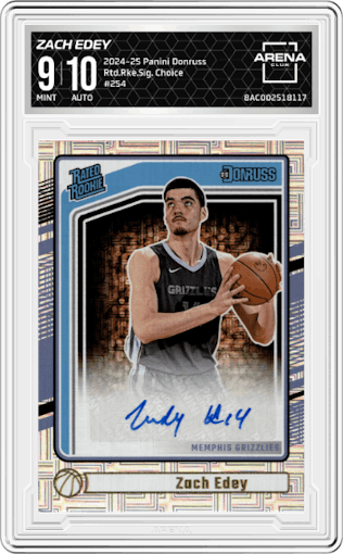 Zach Edey from the 2024-25 Panini Donruss set featuring a Choice parallel graded by Arena Club and given an overall grade of 9.