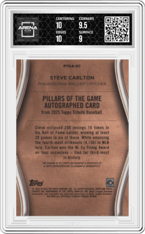 Steve Carlton from the 2025 Topps Tribute set featuring a Orange parallel and given an overall grade of 9.5.