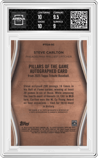 Steve Carlton from the 2025 Topps Tribute set featuring a Orange parallel graded by Arena Club and given an overall grade of 9.5.