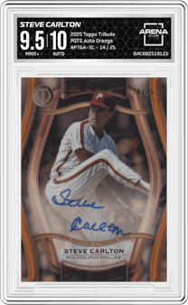 Steve Carlton from the 2025 Topps Tribute set featuring a Orange parallel and given an overall grade of 9.5.