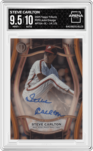 Steve Carlton from the 2025 Topps Tribute set featuring a Orange parallel graded by Arena Club and given an overall grade of 9.5.