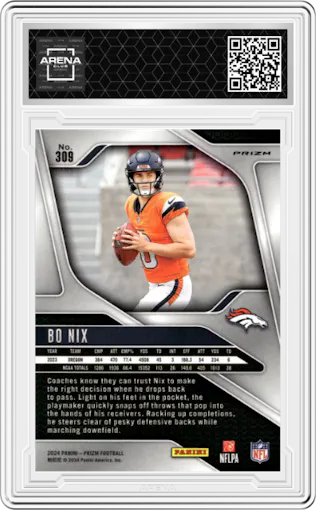 Bo Nix from the 2024 Panini Prizm set featuring a Green Prizm parallel graded by Arena Club.
