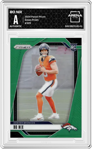 Bo Nix from the 2024 Panini Prizm set featuring a Green Prizm parallel graded by Arena Club.