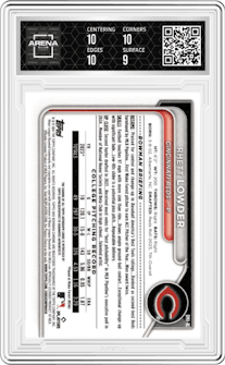 Rhett Lowder from the 2024 Bowman Chrome Mega Box set featuring a Yellow Refractor parallel graded by Arena Club and given an overall grade of 9.5.