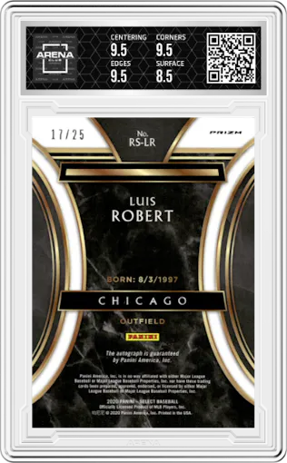 Luis Robert from the 2020 Panini Select set featuring a Cracked Ice parallel graded by Arena Club and given an overall grade of 9.