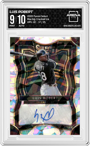 Luis Robert from the 2020 Panini Select set featuring a Cracked Ice parallel graded by Arena Club and given an overall grade of 9.