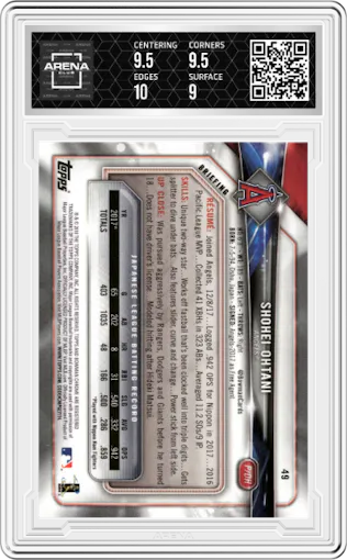 Shohei Ohtani from the 2018 Bowman set graded by Arena Club and given an overall grade of 9.5.
