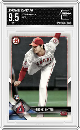 Shohei Ohtani from the 2018 Bowman set graded by Arena Club and given an overall grade of 9.5.