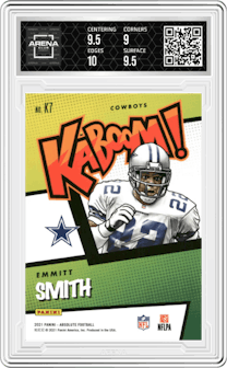 Emmitt Smith from the 2021 Panini Absolute set graded by Arena Club and given an overall grade of 9.5.