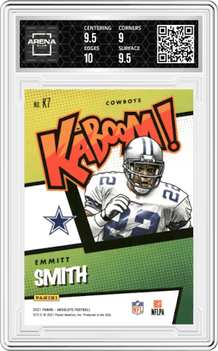 Emmitt Smith from the 2021 Panini Absolute set graded by Arena Club and given an overall grade of 9.5.