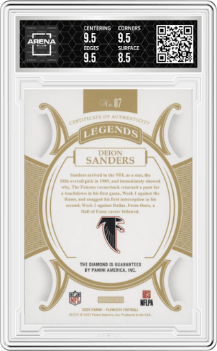 Deion Sanders from the 2020 Panini Flawless set featuring a Platinum parallel graded by Arena Club and given an overall grade of 9.