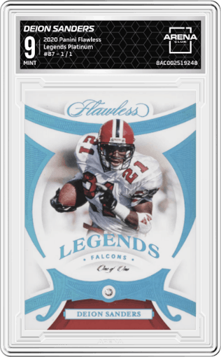 Deion Sanders from the 2020 Panini Flawless set featuring a Platinum parallel graded by Arena Club and given an overall grade of 9.