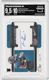 Travis Etienne Jr. from the 2021 Panini One set featuring a Black parallel graded by Arena Club and given an overall grade of 9.5.