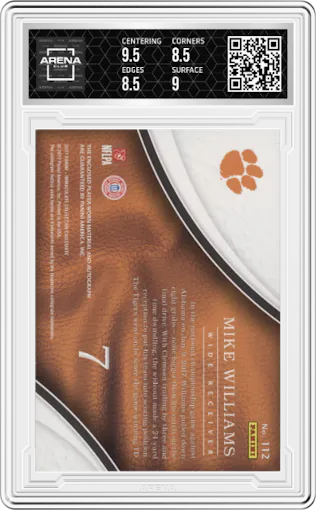 Mike Williams from the 2017 Panini Immaculate Collection Collegiate set featuring a Conference Logo parallel graded by Arena Club and given an overall grade of 9.