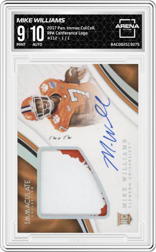 Mike Williams from the 2017 Panini Immaculate Collection Collegiate set featuring a Conference Logo parallel graded by Arena Club and given an overall grade of 9.