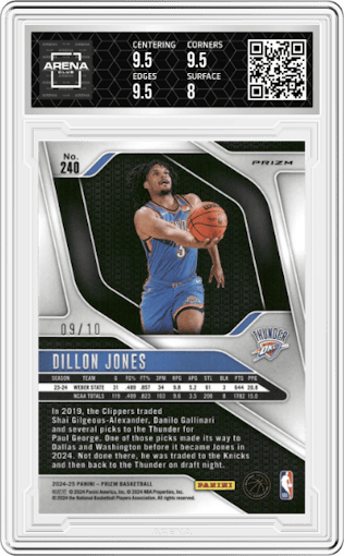 Dillon Jones from the 2024-25 Panini Prizm set featuring a Gold Wave  parallel graded by Arena Club and given an overall grade of 8.5.