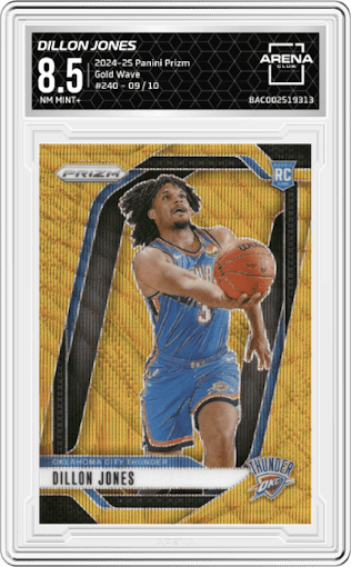 Dillon Jones from the 2024-25 Panini Prizm set featuring a Gold Wave  parallel graded by Arena Club and given an overall grade of 8.5.