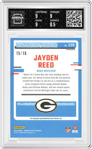 Jayden Reed from the 2023 Donruss Optic set featuring a Ice parallel graded by Arena Club and given an overall grade of 9.