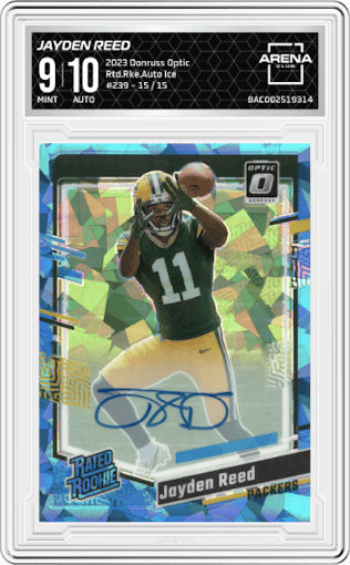 Jayden Reed from the 2023 Donruss Optic set featuring a Ice parallel graded by Arena Club and given an overall grade of 9.