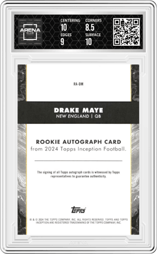 Drake Maye from the 2024 Topps Inception set graded by Arena Club and given an overall grade of 9.