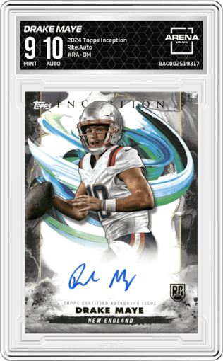 Drake Maye from the 2024 Topps Inception set graded by Arena Club and given an overall grade of 9.