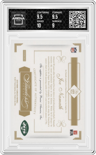 Joe Namath from the 2016 Panini Flawless set featuring a Sapphire parallel graded by Arena Club and given an overall grade of 9.5.