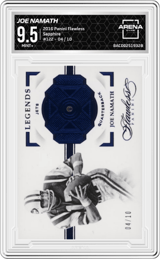 Joe Namath from the 2016 Panini Flawless set featuring a Sapphire parallel graded by Arena Club and given an overall grade of 9.5.