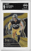 T.J. Watt from the 2023 Panini Select set featuring a Gold Prizm parallel graded by Arena Club and given an overall grade of 9.