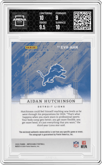 Aidan Hutchinson from the 2024 Panini Impeccable set featuring a Silver parallel graded by Arena Club and given an overall grade of 9.5.