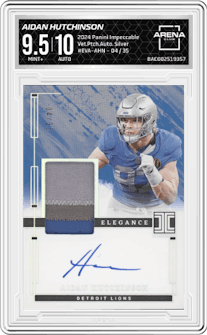 Aidan Hutchinson from the 2024 Panini Impeccable set featuring a Silver parallel graded by Arena Club and given an overall grade of 9.5.