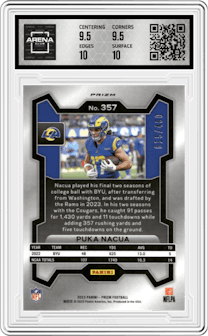 Puka Nacua from the 2023 Panini Prizm set featuring a Pandora parallel graded by Arena Club and given an overall grade of 10.