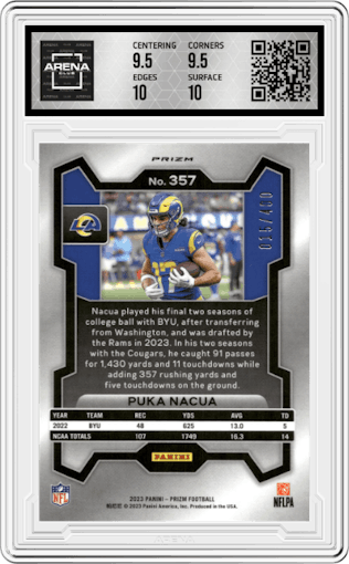 Puka Nacua from the 2023 Panini Prizm set featuring a Pandora parallel graded by Arena Club and given an overall grade of 10.