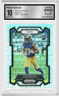 Puka Nacua from the 2023 Panini Prizm set featuring a Pandora parallel graded by Arena Club and given an overall grade of 10.