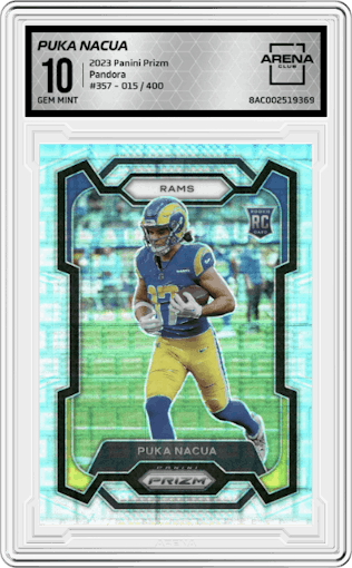 Puka Nacua from the 2023 Panini Prizm set featuring a Pandora parallel graded by Arena Club and given an overall grade of 10.