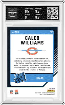 Caleb Williams from the 2024 Donruss Optic set featuring a Stars parallel graded by Arena Club and given an overall grade of 9.