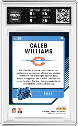 Caleb Williams from the 2024 Donruss Optic set featuring a Stars parallel graded by Arena Club and given an overall grade of 9.