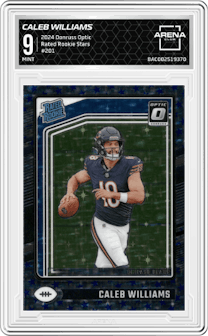 Caleb Williams from the 2024 Donruss Optic set featuring a Stars parallel graded by Arena Club and given an overall grade of 9.