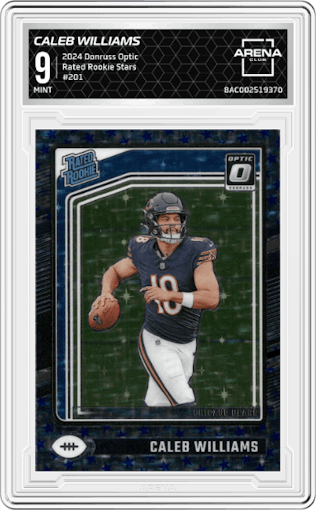 Caleb Williams from the 2024 Donruss Optic set featuring a Stars parallel graded by Arena Club and given an overall grade of 9.