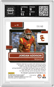 Jordan Addison from the 2023 Panini Chronicles Draft Picks set graded by Arena Club and given an overall grade of 9.5.