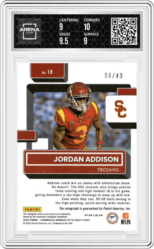 Jordan Addison from the 2023 Panini Chronicles Draft Picks set graded by Arena Club and given an overall grade of 9.5.