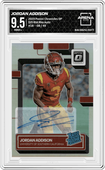Jordan Addison from the 2023 Panini Chronicles Draft Picks set graded by Arena Club and given an overall grade of 9.5.