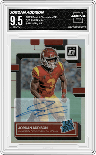 Jordan Addison from the 2023 Panini Chronicles Draft Picks set graded by Arena Club and given an overall grade of 9.5.