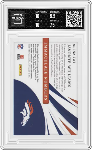 Javonte Williams from the 2021 Panini Immaculate Collection set graded by Arena Club and given an overall grade of 8.